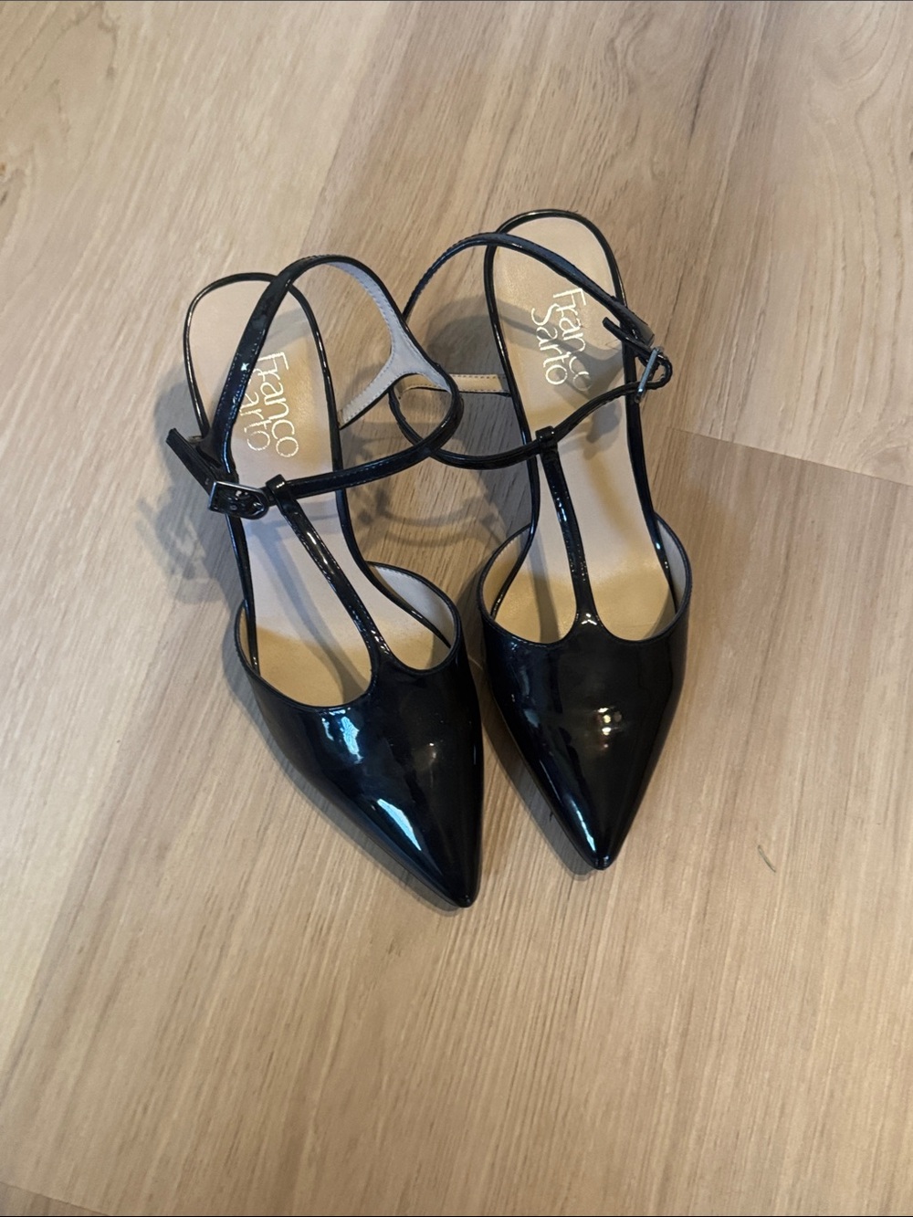 Franco Sarto Black Patent T-Strap Pointed Pumps